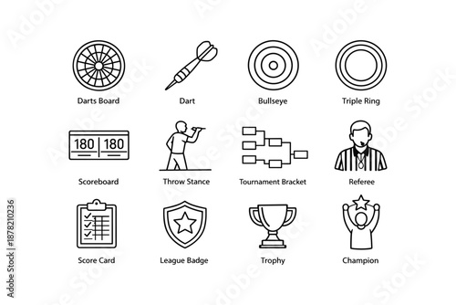 Darts icons set: board, dart, bullseye, tournament elements