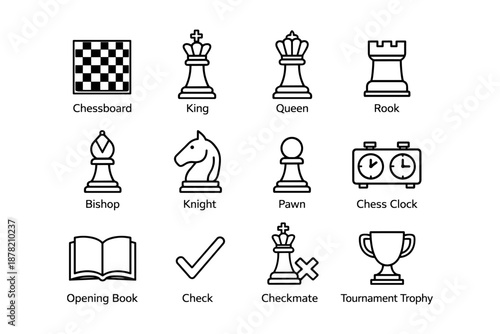 Chess icon set featuring pieces, board, clock, and trophy elements