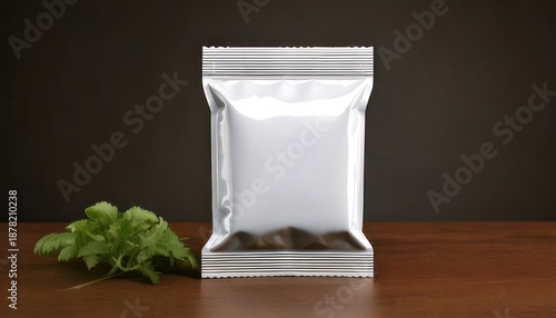 Silver Pouch Packaging Mockup with Fresh Herbs on Wooden Table.