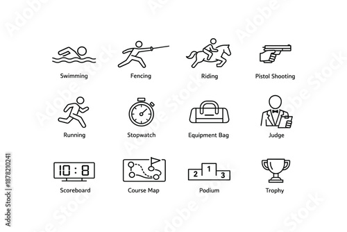 Icons representing modern pentathlon disciplines and equipment