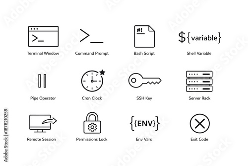 Icons set: terminal, command prompt, bash script, ssh key, server rack, exit code