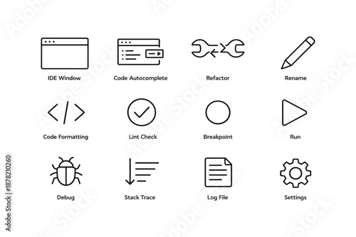 Software development icons: debug, refactor, code formatting, run