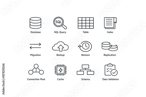 Database management icons: sql, backup, restore, cache, index, migration, schema
