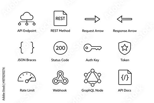 Api icons: json, rest, status codes, tokens, and webhooks