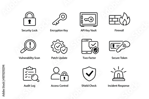 Icons of cybersecurity tools: lock, key, vault, firewall, two-factor