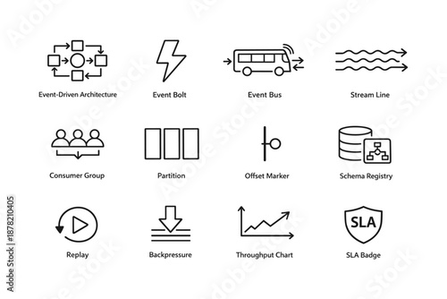 Event-driven architecture icons: bus, bolt, schema registry, sla badge, replay