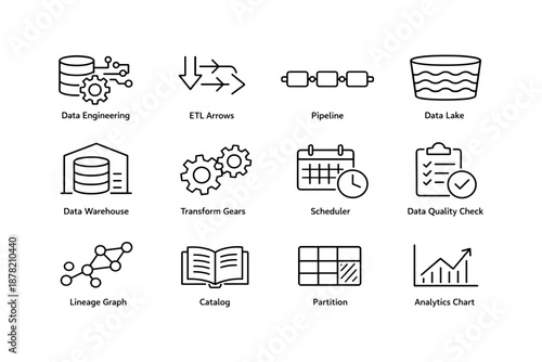 Data engineering icons: etl, pipeline, data lake, warehouse, scheduler, analytics