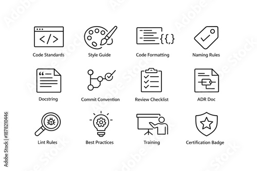 Software development icons: coding, documentation, style, training, certification
