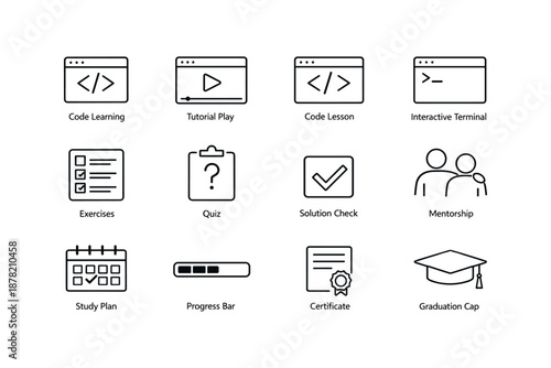 Educational icons: code learning, tutorials, exercises, mentorship, certification tools