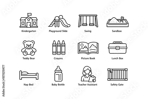 Kindergarten learning tools and play equipment icons collection