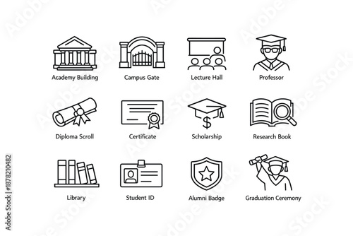 Educational icons: academy, diploma, professor, library, graduation
