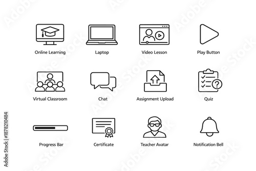 Education icons: online learning, laptop, video lesson, virtual classroom, teacher avatar