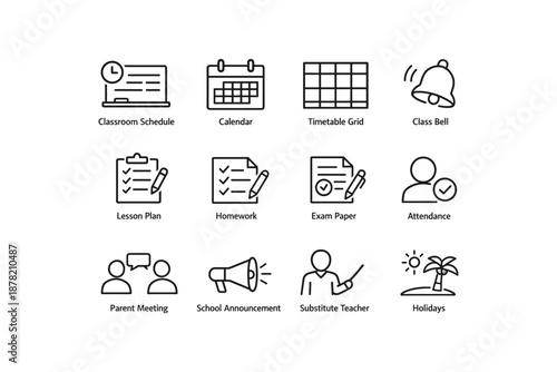 Education icons set including schedule, calendar, bell, lesson plan, exam, holidays
