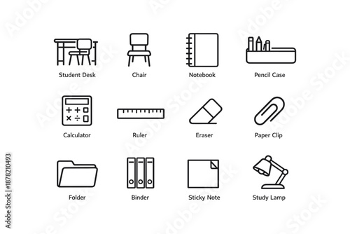 Office and school supplies icons: desk, chair, notebook, pencil case, calculator, ruler, eraser