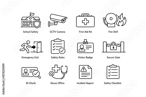 School safety icons: emergency preparedness tools and security measures