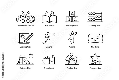 Preschool activities: play, learning, and fun icons for kids