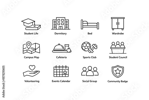University icons set: student life, dormitory, bed, wardrobe, and more