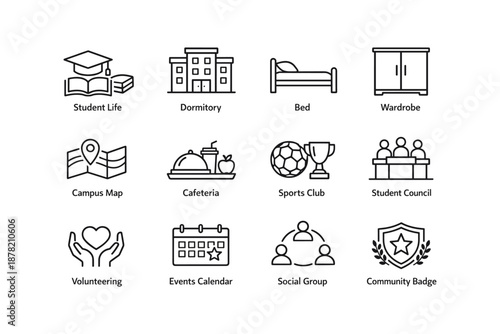 University icons: student life, dormitory, cafeteria, sports club, community badge