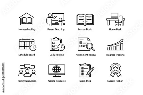 Education symbols: homeschooling, teaching tools, online resources, and progress tracking icons
