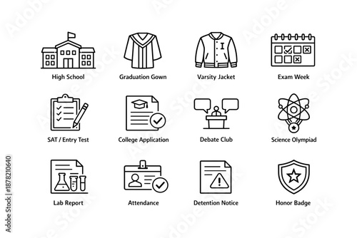 High school icons: graduation, exams, activities, and awards in line art