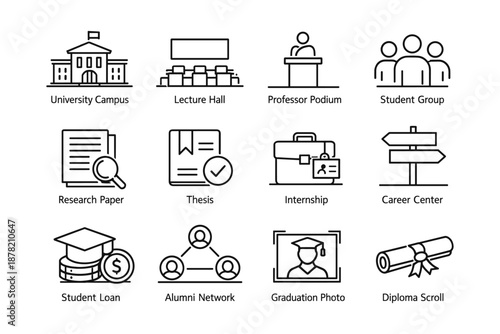 University campus icons: lecture hall, professor, students, thesis, graduation