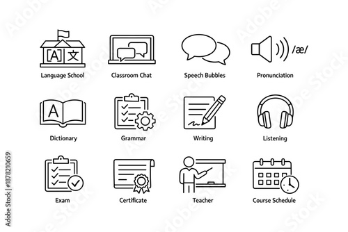 Language learning icons: school, chat, speech, pronunciation, writing, exams