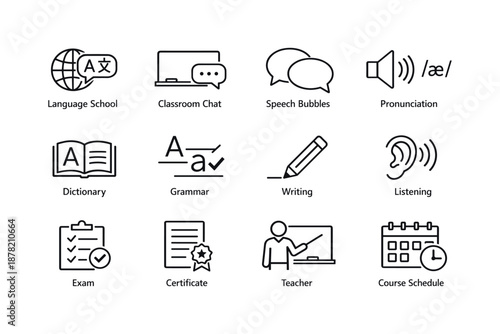 Language education icons set: language school, classroom chat, speech bubbles, pronunciation, grammar
