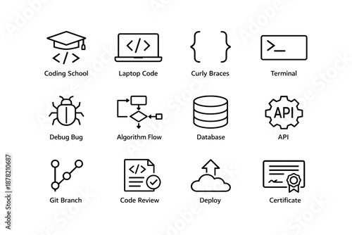 Programming icons: coding school, laptop code, database, api, certificate