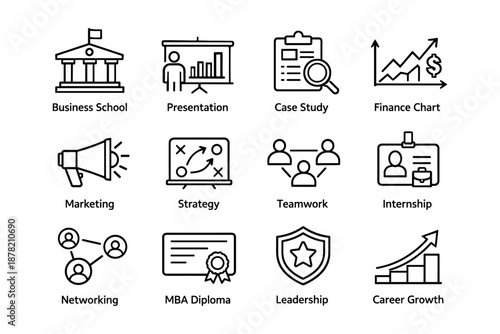 Business education icons: school, presentation, finance, marketing, strategy, growth