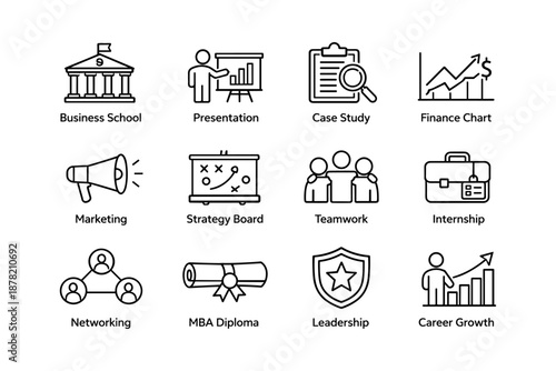 Business icon set: school, presentation, strategy, teamwork, career growth