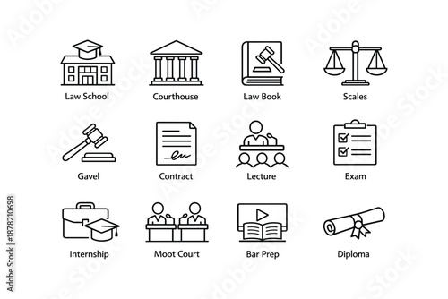 Legal education icons: law school, courthouse, contract, exam, internship