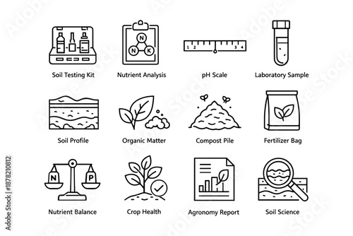 Agricultural testing and analysis icons: soil, ph, nutrient, organic, fertilizer