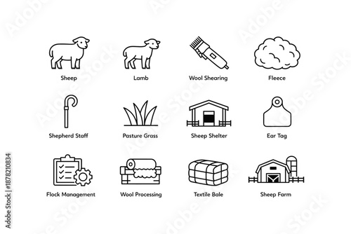 Sheep farming icons: wool shearing, shepherd tools, flock management