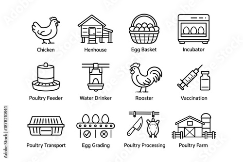 Poultry farming icons: chicken, henhouse, egg basket, incubator, rooster