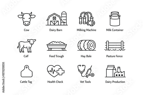 Farm icons: cow, barn, milking, calf, feed trough