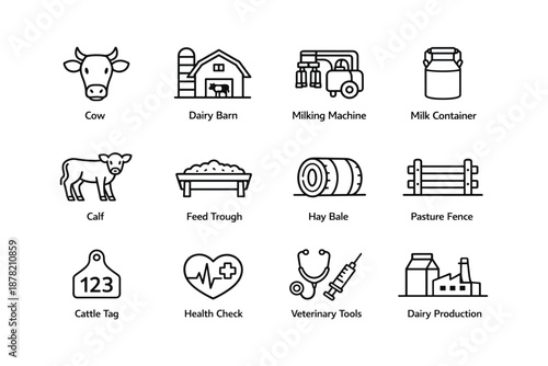 Farm and dairy elements: cow, barn, milking machine, veterinary tools