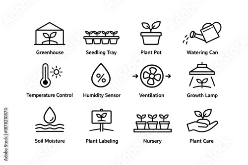 Greenhouse tools and techniques: seedling trays, plant pots, and watering cans