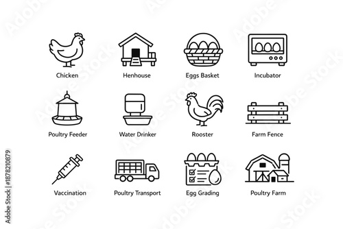 Essential poultry farm icons: chicken, henhouse, eggs, rooster, and more