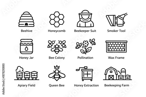 Beekeeping icons set: hive, honey, bees, tools, farm
