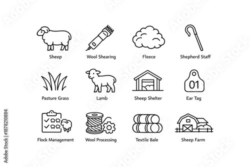 Sheep farming icons: wool shearing, lamb, shelter, and more