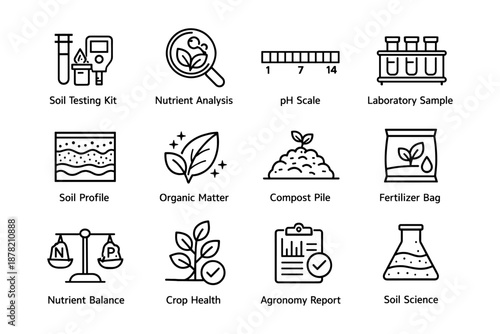 Soil testing and analysis icons depicting nutrient analysis and ph balance