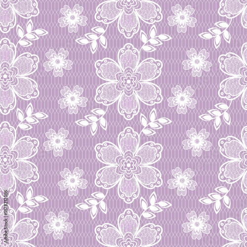 Seamless White Floral Lace Pattern on Lavender Background