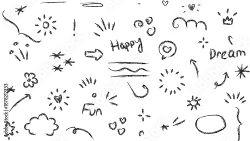 Line arrow, star, heart cute icon elements. Hand drawn sketch heart, arrow, star, flower decoration symbols