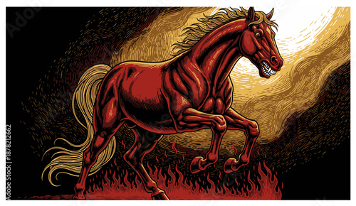 Dynamic illustration of a fiery red horse with intense expression