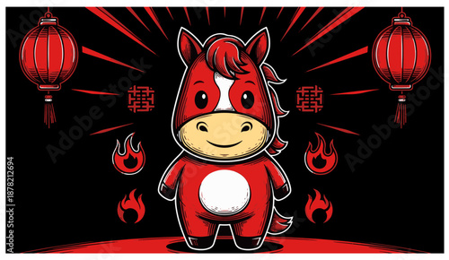 Cute cartoon horse character with lanterns and flames in red theme