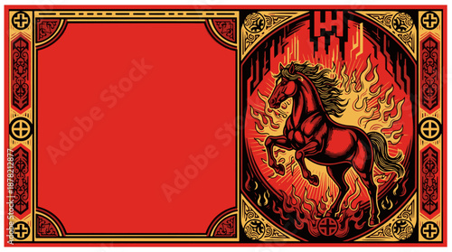 Fiery red horse illustration with ornate decorative border design