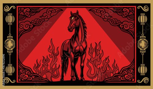 Ornate red and black illustration of a horse with flames