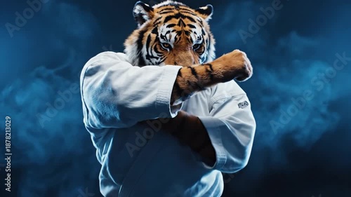 Tiger Warrior in Karate Gi Poses Aggressively on Dark Smoky Background