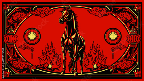 Chinese Zodiac Horse Illustration with Lanterns and Flames