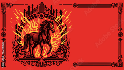 Fiery Horse Illustration with Flames and Ornate Border Design